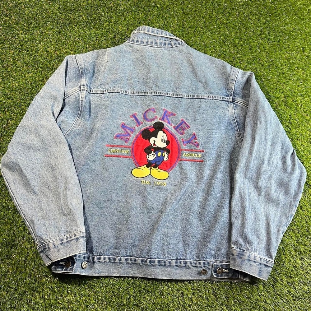 VTG Mickey Unlimited Denim Jacket Disney Embroidered Pins Large Jean Coat Blue